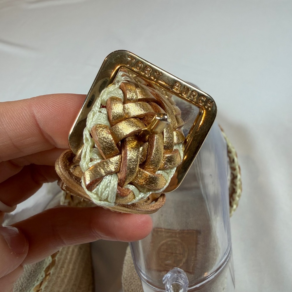 Tory Burch Lilah Braided Strap Platform Wedge Espadrille Gold Leather Sz 39.5 - Picture 5 of 7